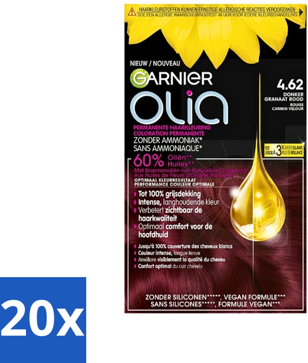 20 x Garnier - Olia 4.62 - Haarkleuring - Donker Granaatrood - Zonder Ammoniak - Permanente Kleur - Haarkleuring - Permanent - Donker Rood - Grijsdekking - Zonder Ammoniak