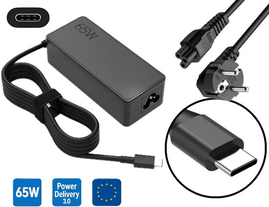Chargeur pour ordinateur portable USB-C 65W – Power Delivery 3.0 – avec cordon d'alimentation EU – adaptateur compatible notamment avec Lenovo, Dell, HP, Asus, MacBook