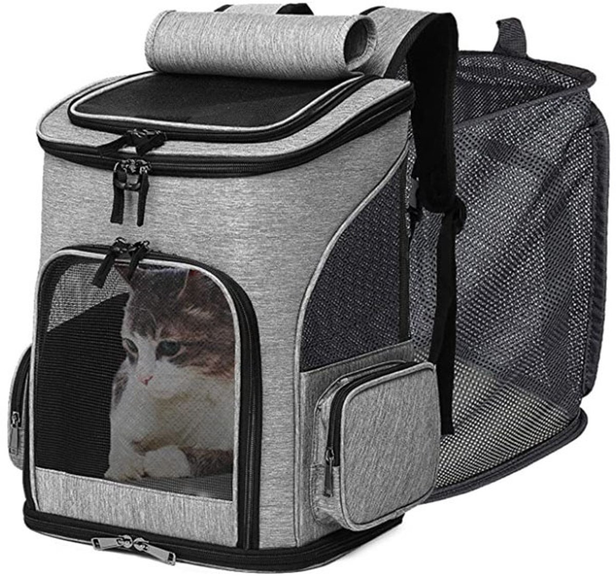 EXCITAT Huisdierrugzak - Uitbreidbare rugzak - Met ingebouwde veiligheidsriem en uitneembare huisdiermat - Geschikt voor katten en kleine honden - Ideaal voor reizen, kamperen, wandelen - Grijs