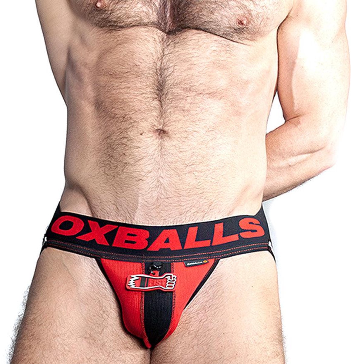 Oxjok Fisterjock - 3D Rubber Fist Jockstrap - Zwart/Rood XL