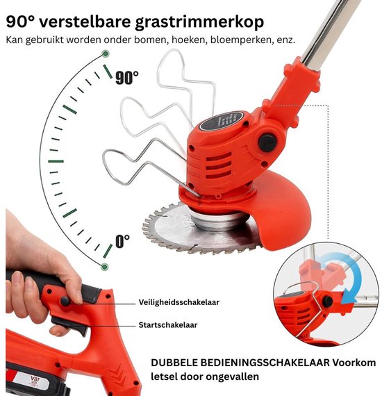 MKSS® Zweefmaaier - Bosmaaier Electrisch - Grastrimmer met Accu - Grasmaaier - Handmaaier met Wielen - Rood van MKSS — afbeelding 2