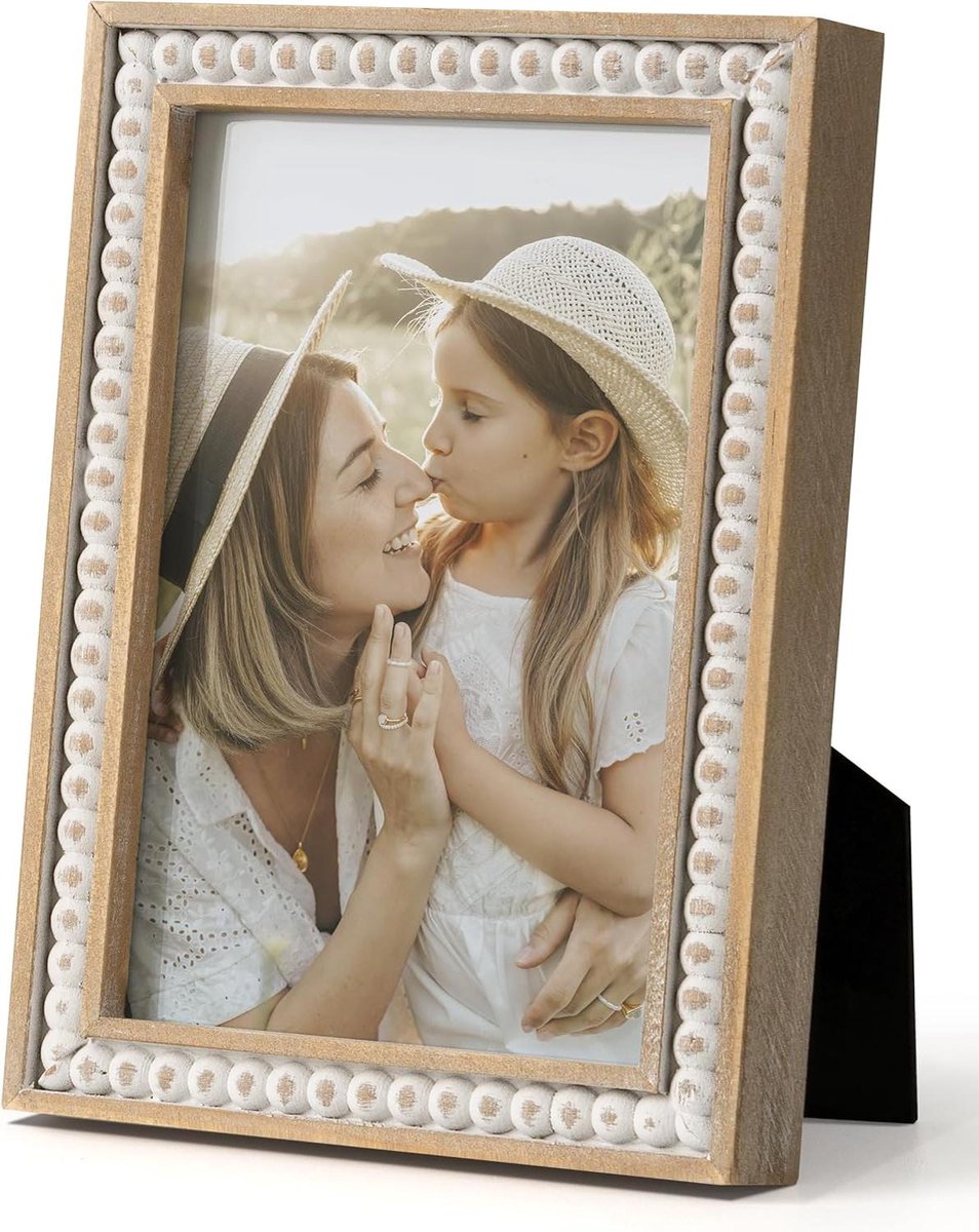 Allecto plus - Fotolijst Boho 10 x 15 cm houten vintage wanddecoratie jubileum verjaardag Moederdag cadeau met houten kralen.