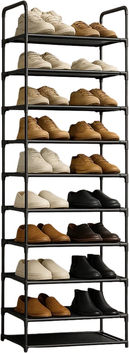 Lomera Schoenenrek 10 Lagen - Schoenen Opbergsysteem voor 20 tot 30 Paar Schoenen - Metalen Frame - Zwart - Waterafstotend Vinyl - Non-woven Stof - Lichtgewicht Ontwerp - Ruimtebesparend - Stevige Constructie