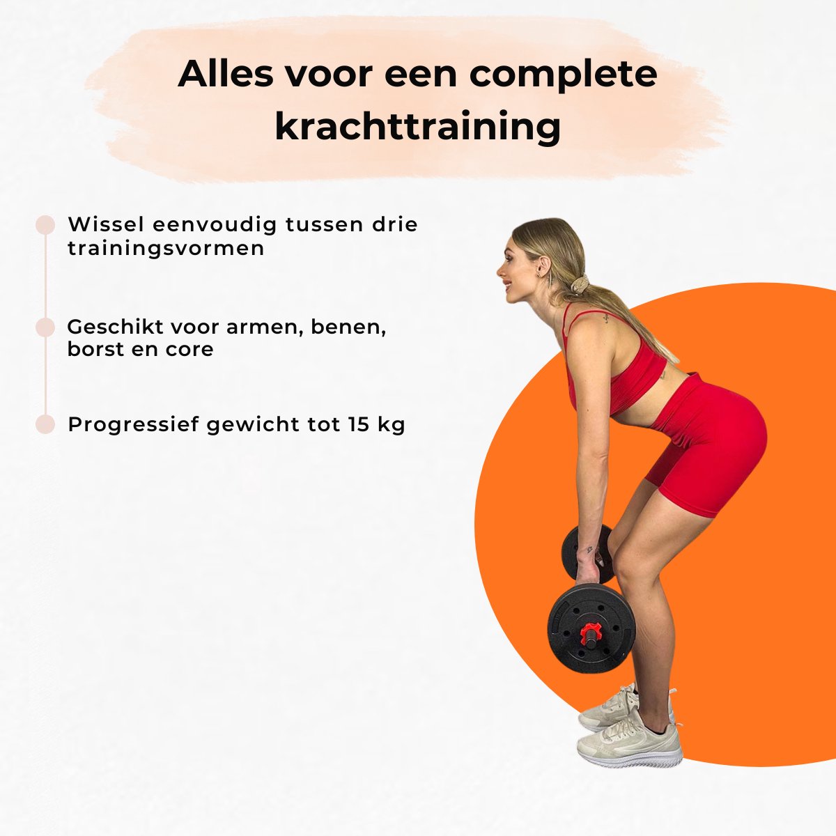 Fitpaddy Gewichten set - Halterset - Halterstang - Dumbells - Kettlebell - 3 in 1 - tot 15kg - Zwart/Rood – foto 6