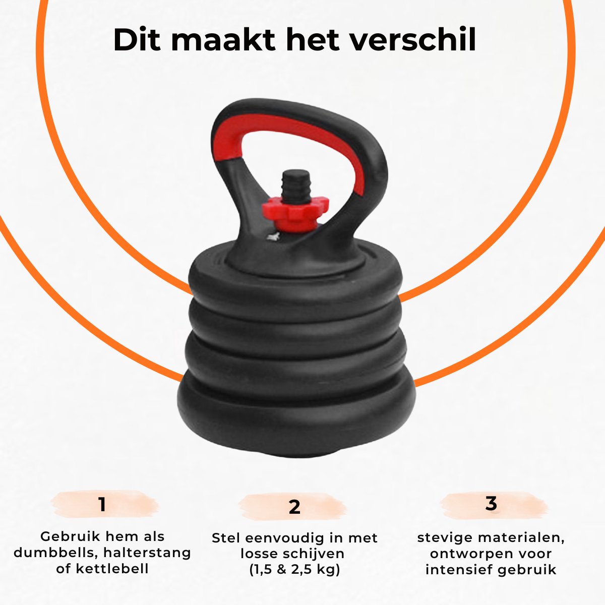 Fitpaddy Gewichten set - Halterset - Halterstang - Dumbells - Kettlebell - 3 in 1 - tot 15kg - Zwart/Rood – foto 2