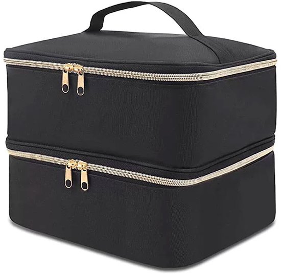Zwarte make-up koffer met goudkleurige ritsen en handvat.