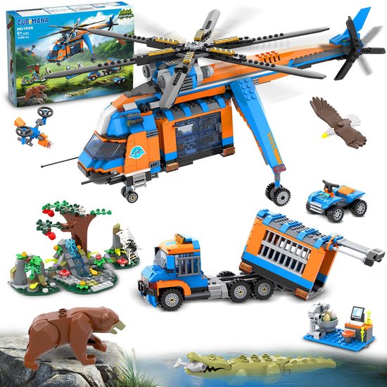 CUBIMANA City Jungle Adventurer Helikopter Bouwspeelgoed - 1356 Stuks vliegtuig Bouwset - AutoBeer Wildlife Rescue Bouwpakket Speelset voor Volwassenen Kinderen Jongens 6-12 Jaar