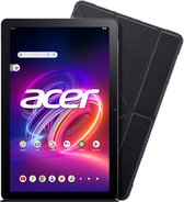 Grijze Acer Iconia tablet met een zwart portfolio hoesje ernaast. Het scherm toont een kleurrijk, abstracte achtergrond met het Acer logo.