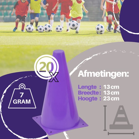 Paarse pion, 23 cm hoog, 7 gram. Op de achtergrond voetballende kinderen.