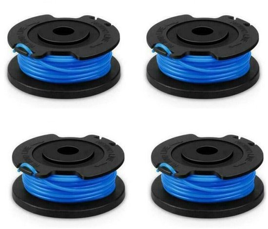Vier zwarte spoelen met blauw trimmerdraad.