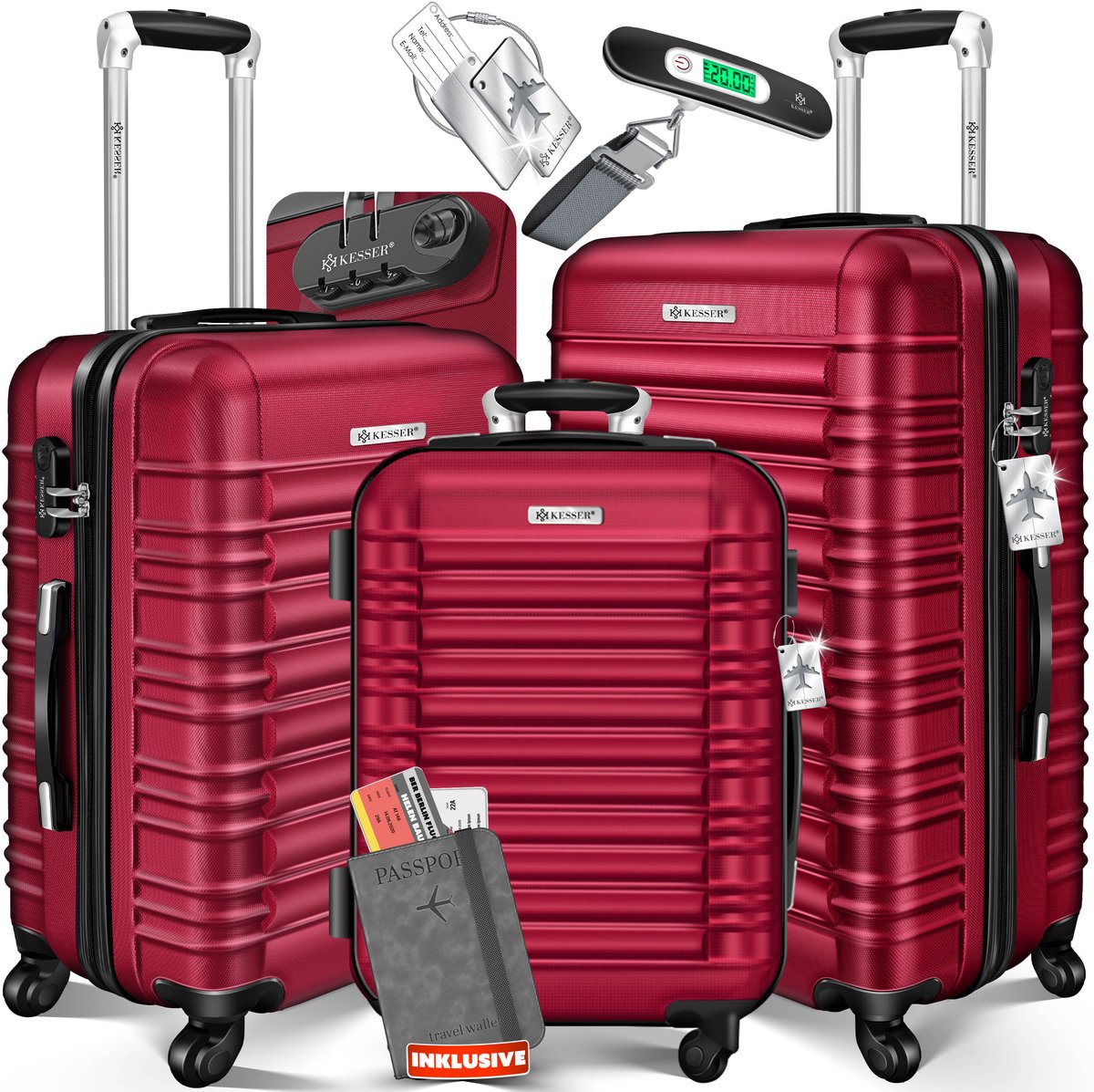 KESSER® 3x Koffer, reiskofferset, trolleykoffer harde kofferset incl. bagageweegschaal + bagagelabel rollend kofferslot 4 wielen ABS harde schaal telescopisch handvat M-L-XL - Bordeaux