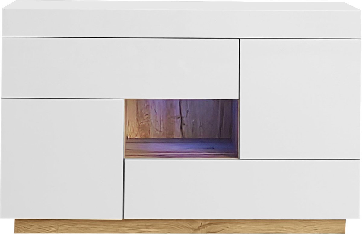 Merax Dressoir met Open Vak - Hoogglans Wit met Bruin - Lade en Deuren - 16 Kleuren LED Verlichting - 120x37x76,5 cm