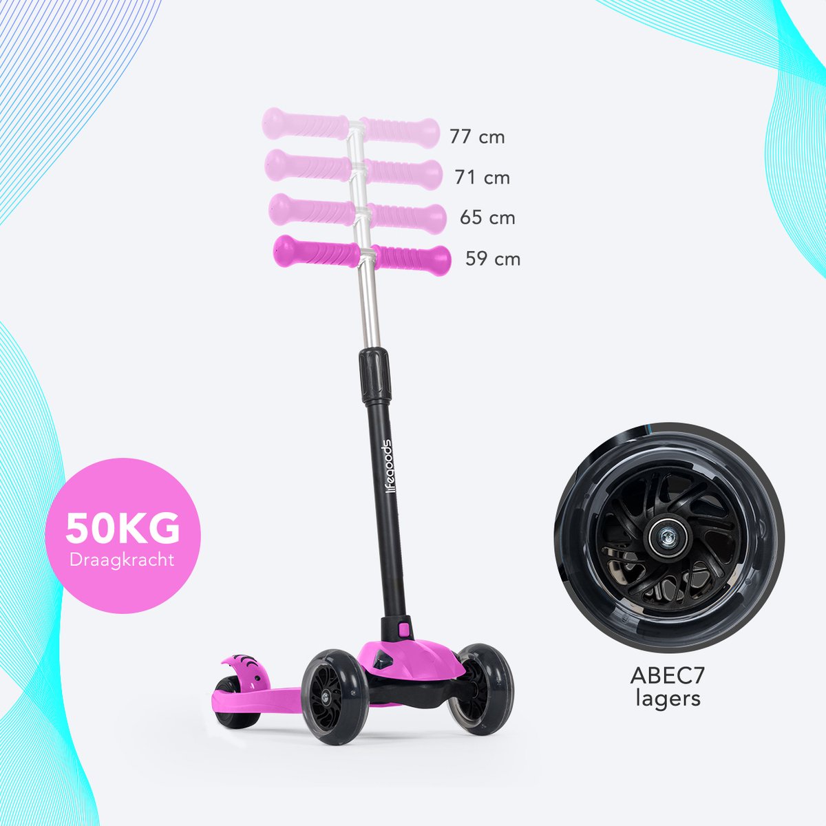 LifeGoods TurboRide Kinderstep - Step 5-8 Jaar - 3 Lichtgevende LED Wielen - Hoogte Verstelbaar - Jongens/Meisjes - Roze — afbeelding 8