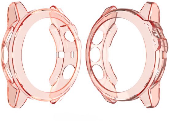 Twee transparant roze TPU hoesjes voor smartwatches, weerszijden.