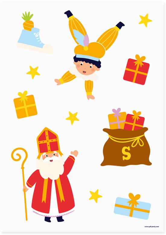 Stickers van Sint, Piet, cadeaus, een wortel, een schoen en sterren.