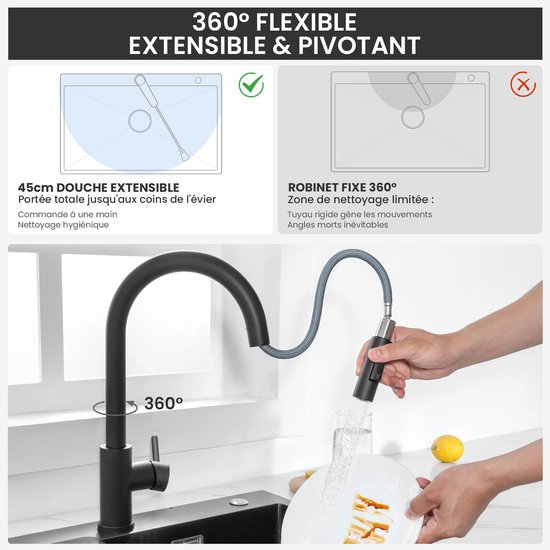 Évier de cuisine en granit CECIPA max 60 x 45 cm Anthracite - Éviers avec robinet - Acier inoxydable - Évier avec système d'évacuation d'eau - Évier en granit avec égouttoir