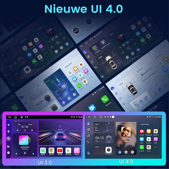 Vergelijking van de nieuwe UI 4.0 interface voor autoradio's met navigatie en muziek apps.
