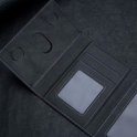 Gedetailleerde afbeelding van een open zwarte portemonnee, met naden, vakjes en een plastic venster.
