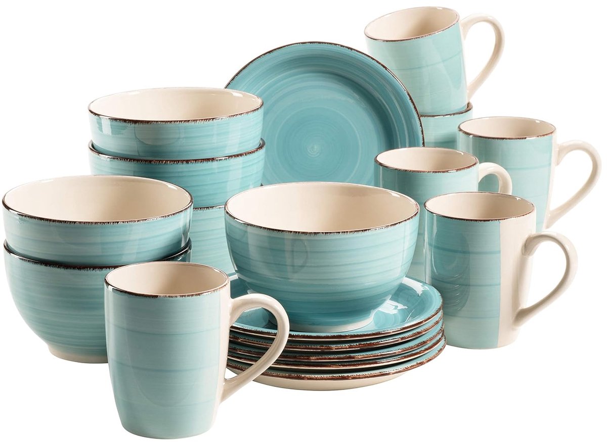 Ontbijtset - 6 koffiekopjes, 6 mueslikommen, 6 dessertborden - turquoise - aardewerk