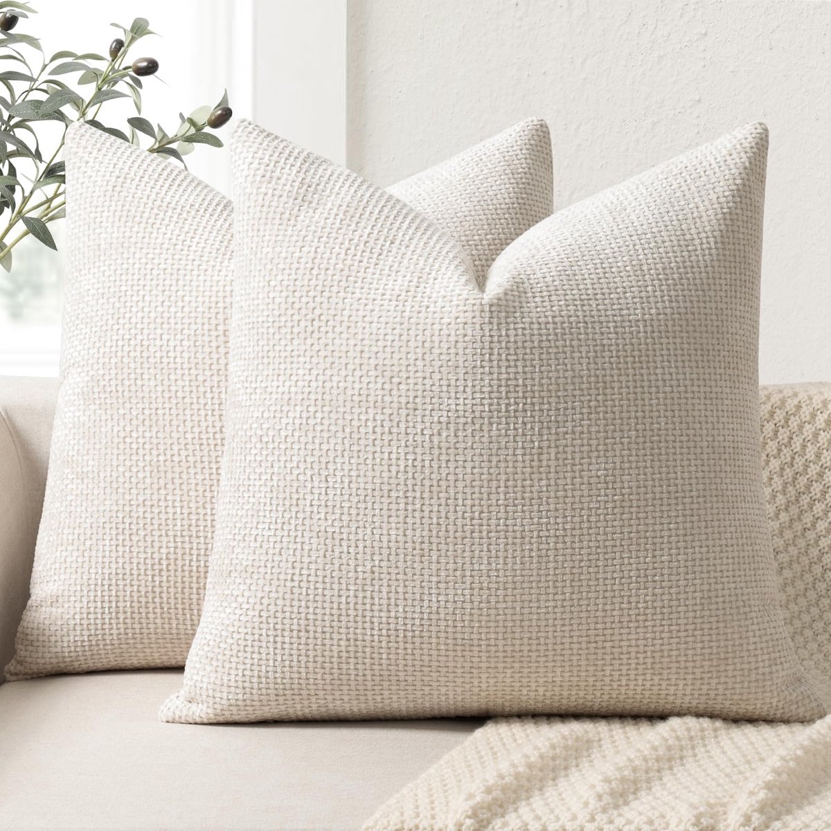 Unyqoos Set van 2 zachte chenille kussenhoezen voor stijlvolle woondecoratie Creme