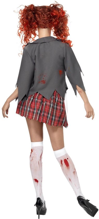 Arrière du déguisement de zombie écolière. Veste grise effilochée, jupe écossaise rouge et chaussettes blanches ensanglantées. Cheveux roux ébouriffés.