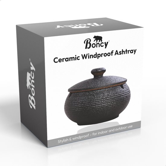 Verpakking van de Boncy keramische winddichte asbak, met afbeelding van het product.