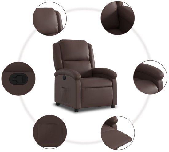 Overzicht van de bruine kunstlederen fauteuil met detailfoto's van de hendel, armleuning, rugleuning en het zijvak.