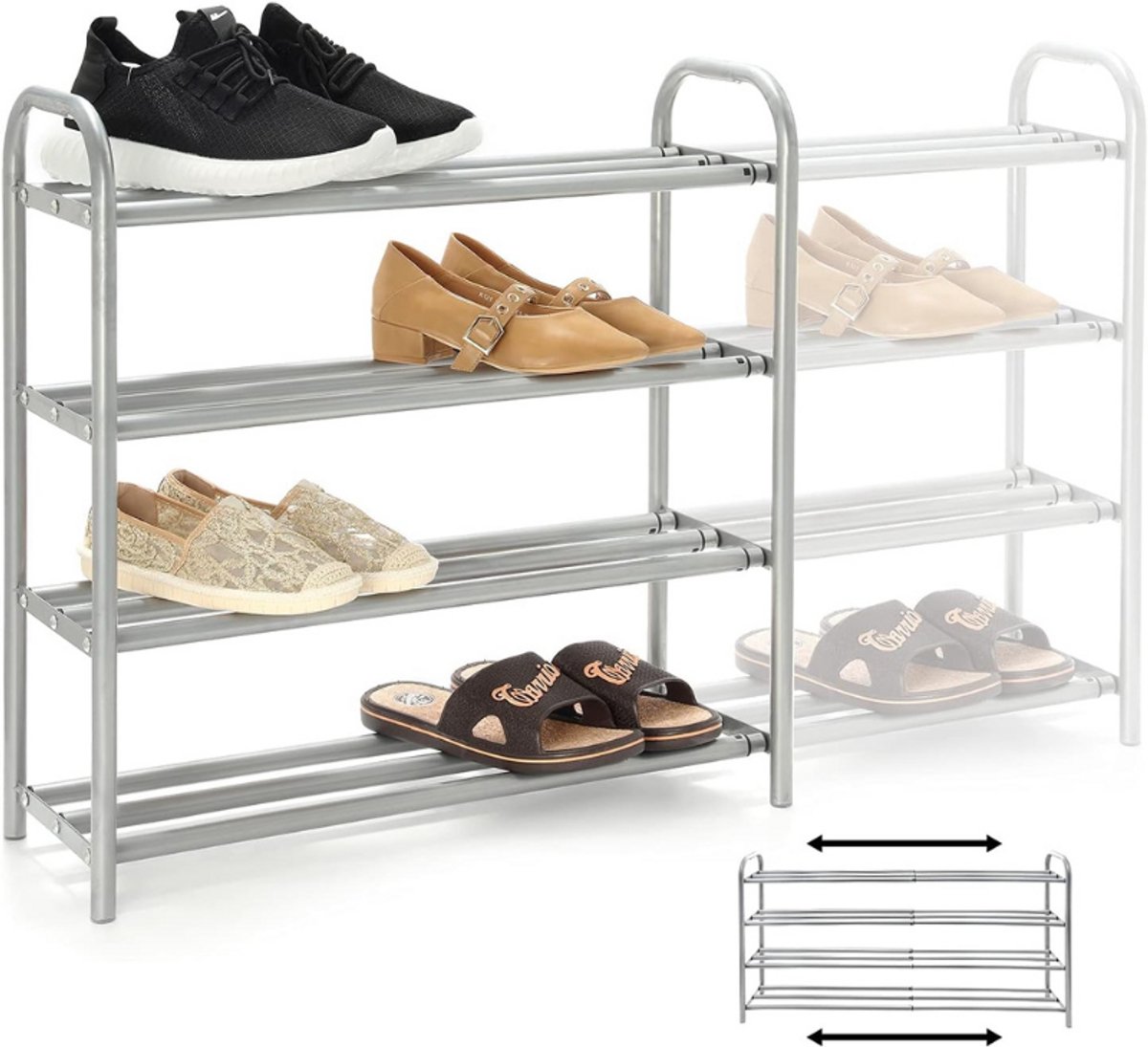 BOG Schoenenrek Uitschuifbaar 4 Laags – Metaal – Schoenen Organizer Voor 20 Paar – Stevig Opbergrek – Ruimtebesparend Voor Kast Hal Of Slaapkamer ZILVER