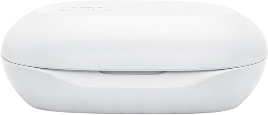 Witte oplaadcase voor JBL oordopjes met JBL logo.