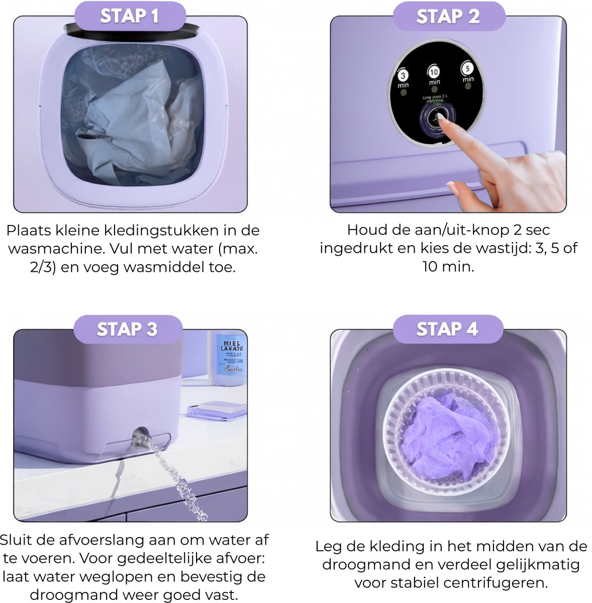 Boncy® Premium Mini Wasmachine met centrifuge - 11L Paars - Compacte Opvouwbare Miniwasmachine - Kleine Wasmachine Opvouwbaar - Ideaal voor Camping Apartement Kamer of Reizen - 4 kg + — afbeelding 5