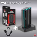 Verpakking van de Turqero 4-in-1 oplaaddock voor Switch Joy-Cons met de oplaaddock en een USB-C kabel.