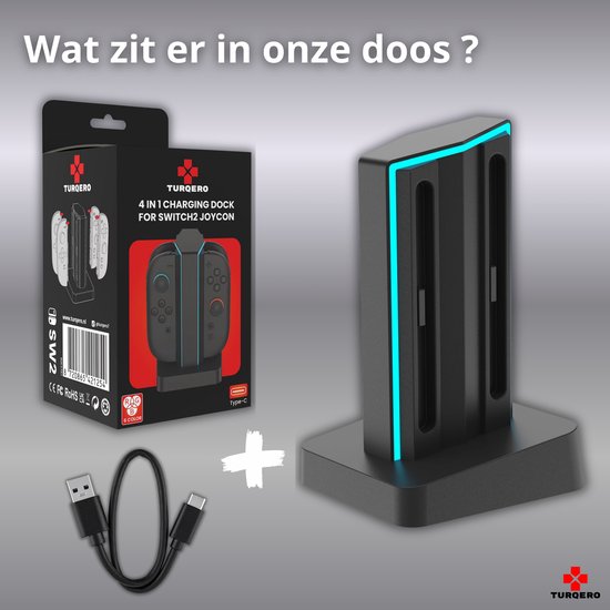 Verpakking van de Turqero 4-in-1 oplaaddock voor Switch Joy-Cons met de oplaaddock en een USB-C kabel.