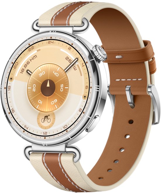 Zilverkleurig horloge met crème- en bruine band, met gouden wijzerplaat.
