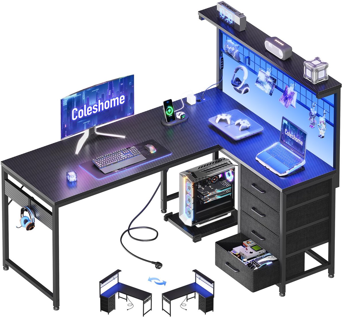 Ibenzoa® Ruim en omkeerbaar gamingbureau met LED-verlichting en opbergruimte