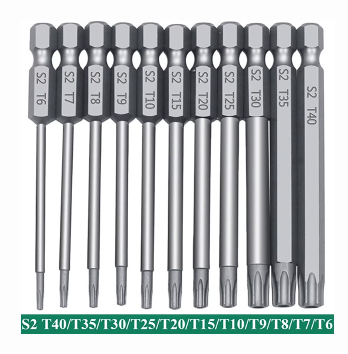 11-delige Torx Bitset – 1/4" Hex – 100 mm – Torx T6–T40 & Flathead – S2 Staal