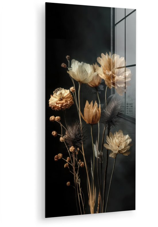 MuchoWow® Tableau sur verre 40x80 cm - Peinture acrylique sur verre - Bouquet - Fleurs - Lumière - Zwart - Photo sur verre - Décoration murale salon - Décoration murale chambre - Peintures