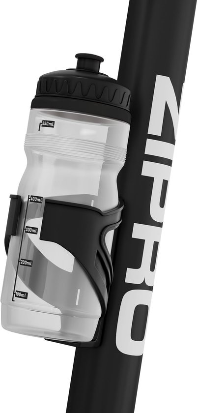 Zwarte fles met witte "ZIPRO" tekst en schaalverdeling, bevestigd aan de hometrainer.