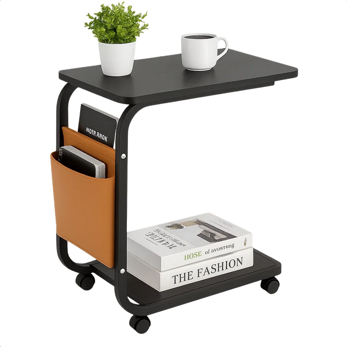 Lomera Verrijdbare Bijzettafel - Banktafel Met Wielen - Zwarte Bijzettafel - Zwenkwielen Met Rem - Stoffen Insteekvak - Makkelijk Aan De Bank Te Schuiven - Metalen Frame - Mdf Bladen - Industriële Stijl - C-Vormig Ontwerp nvt