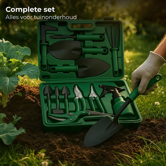Lomera 10-Delige Tuingereedschap Set - Grasschaar - Tuinschepje Breed - Tuinschepje Smal - Tuinharkje - Snoeischaar - Voegenmes - Mini-Harkje - Mini-Schepje Breed - Mini-Schepje Smal - Plantenspuit - Opbergkoffer Inbegrepen van Lomera — afbeelding 2