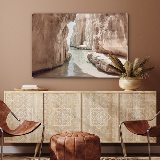 MuchoWow® Peinture sur verre 120x80 cm - Peinture sur verre acrylique - Rochers - Mer - Sable - Canyon - Photo sur verre - Décoration murale salon - Décoration murale chambre - Peintures