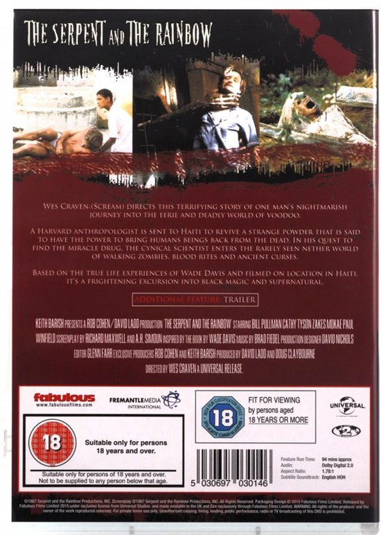 De achterkant van de dvd van Wes Cravens 'The Serpent and the Rainbow' bevat filmdetails, recensies en 3 beelden uit de film met een horror-thema.