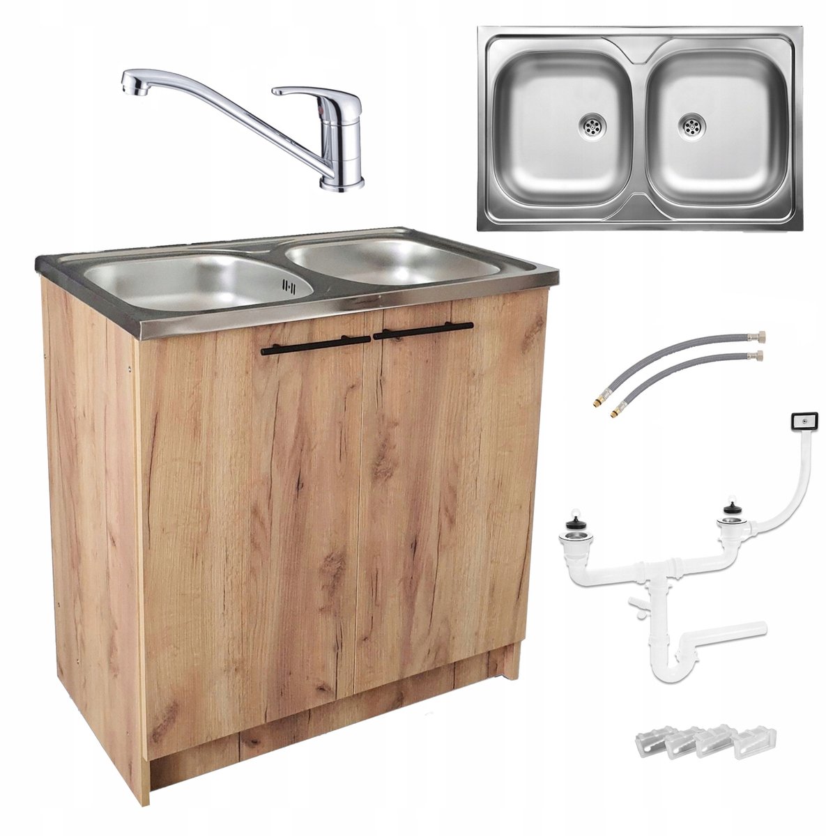 STAMAR - Keukenkast 80cm - Onderkast met Dubbele spoelbak + kraan + sifon - Eiken Goud