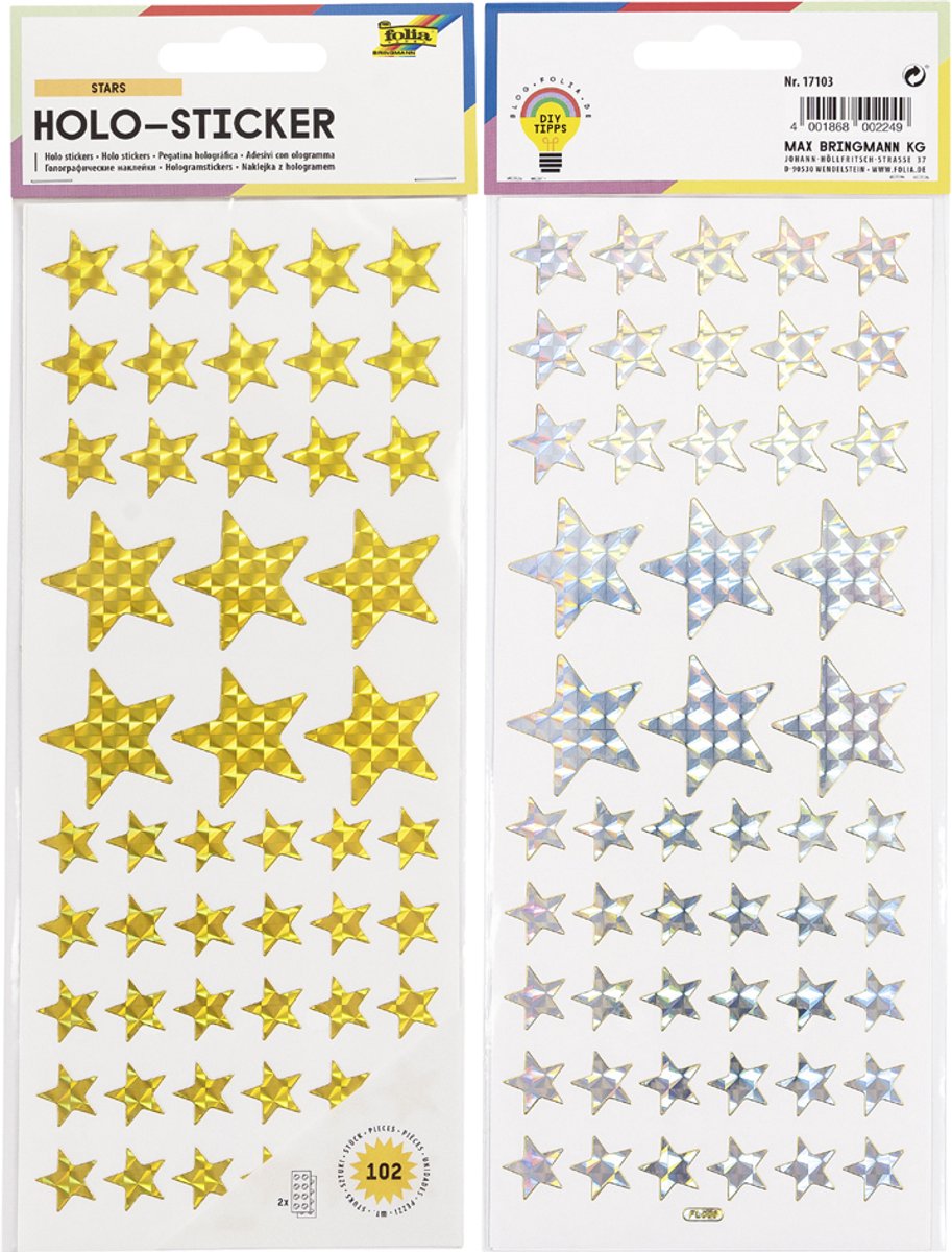 folia holografische stickervellen Sterren, goud en zilver, 100×240 mm, 2 vel à 51 stickers