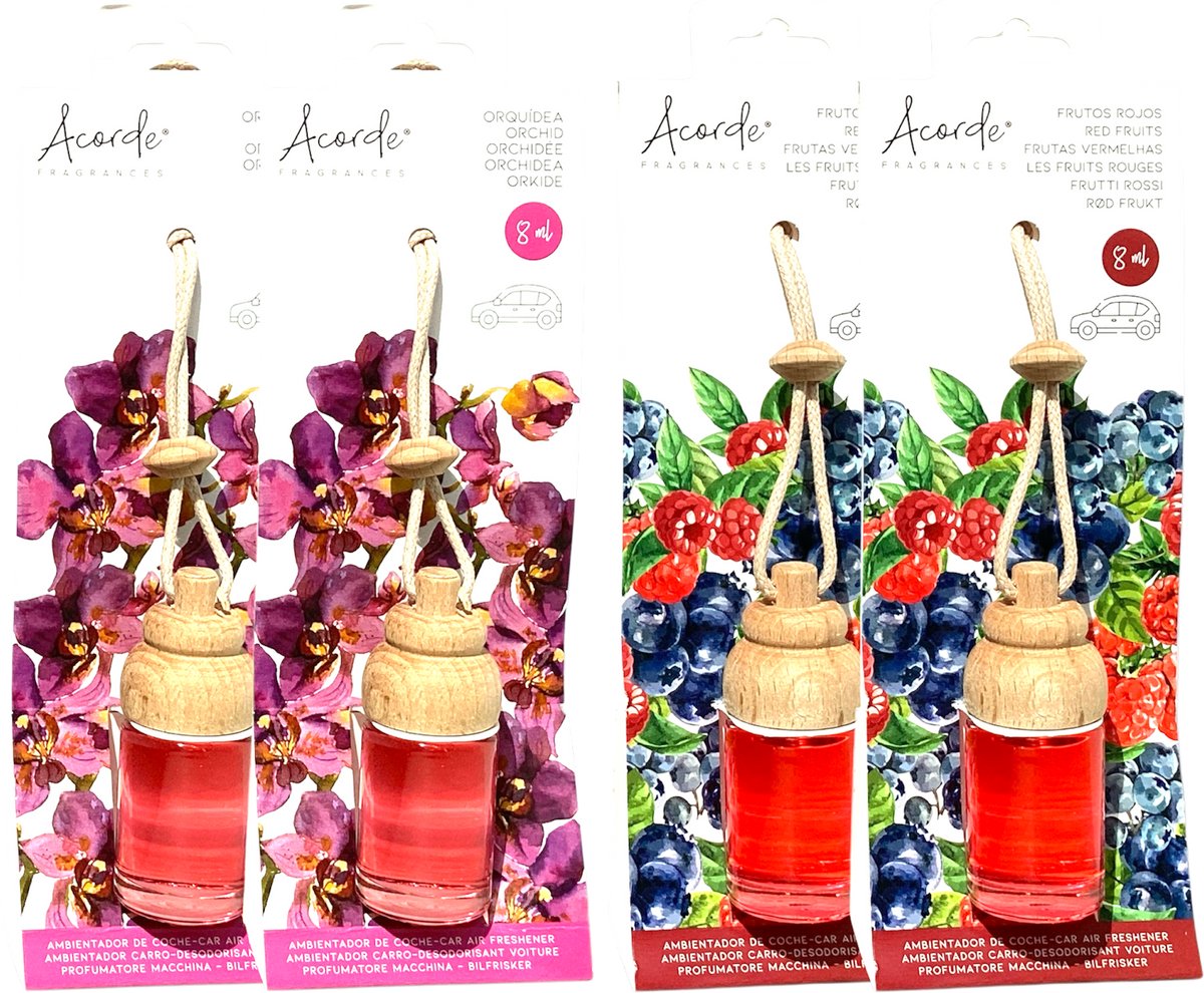Luchtverfrisser toilet 4x - Orchidee / Rode vruchten - Orchid / Red fruits - 8 ml - Hanger - Hangers - Verfrisser - Geurverfrisser - Parfum - Geur - Hout - Houten - Geurflesje - Fles - Flesje - Flesjes - Klein - Kleine - Wc - Roze - Rood