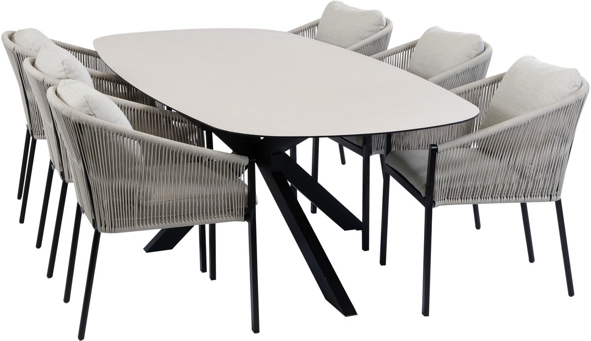 7-delige tuinset | 6 Elvira tuinstoelen (Black) | Tuintafel Malaga 240x115cm (Black)