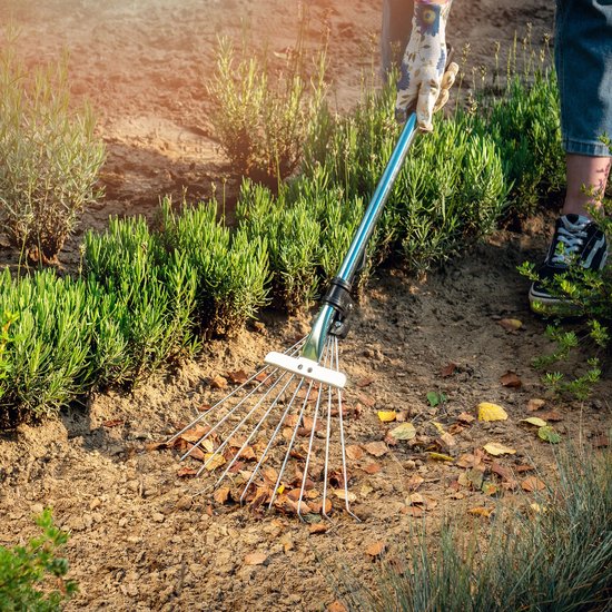 KADAX Hark voor bladeren en gras, instelbare draadhark, hark met brede kop, grashark van metaal, bladbezem met lange steel, tuinhark, bladhark, rekenborstel (9 tanden) van Merkloos	 — afbeelding 2