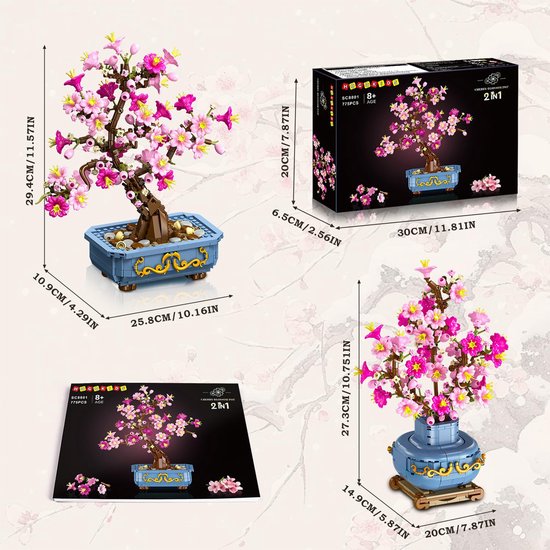 Dimensions de l'ensemble bonsaï fleur de cerisier 2-en-1 : boîte, arbre fleuri et vase.
