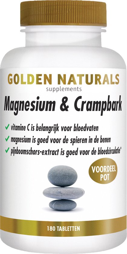 Golden Naturals Magnesium & Crampbark. Pot met 180 tabletten, met gestapelde grijze stenen.