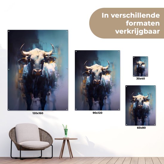 Tuinposter 60x80 cm - Tuindecoratie Stier - Zwart - Abstract - Horens - Poster voor in de tuin - Buiten decoratie - Schutting tuinschilderij - Tuindoek muurdecoratie - Wanddecoratie balkondoek