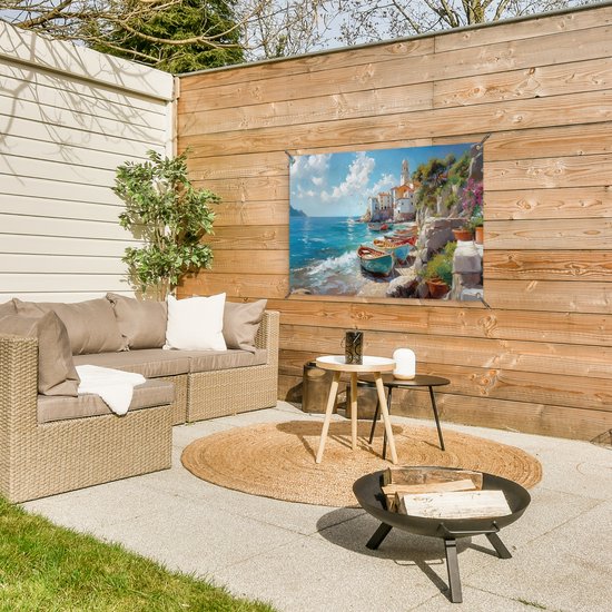 Tuinposter 90x60 cm - Tuindecoratie Boten - Rotsen - Zee - Zon - Poster voor in de tuin - Buiten decoratie - Schutting tuinschilderij - Tuindoek muurdecoratie - Wanddecoratie balkondoek